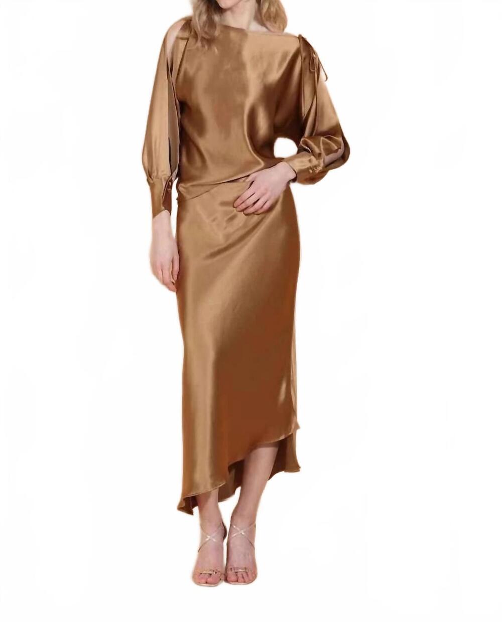 NEW JESSIE LIU asymmetrical hem satin slip midi skirt in antique gold